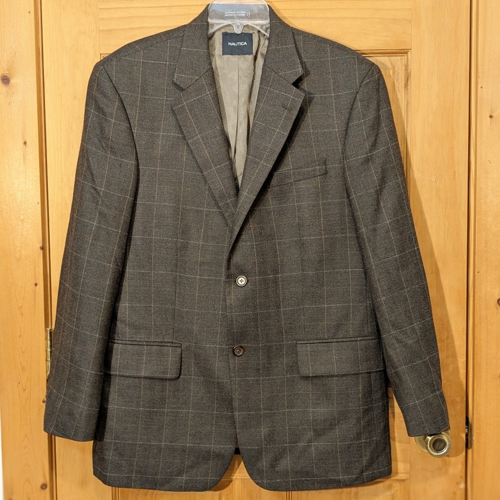 Nautica Jacket Lambswool Herringbone Plaid Blazer Sport Coat Brown Men's 42R